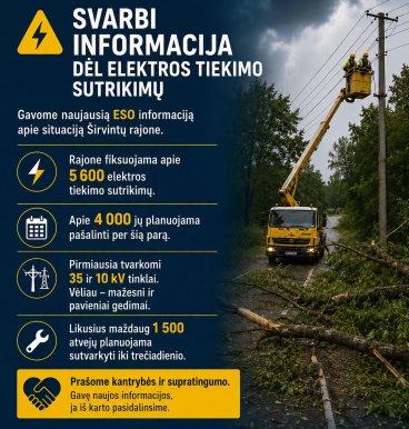 Svarbi informacija dėl elektros tiekimo sutrikimo